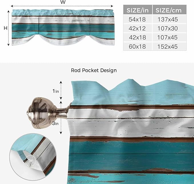 Turquoise Teal Tie Up Valance Curtains for Windows, Kitchen Curtains Window Shades, Farmhouse Retro Ombre Wooden Grain Light Filtering Roman Curtain Valances for Bedroom/Bathroom/Cafe 60"x18"