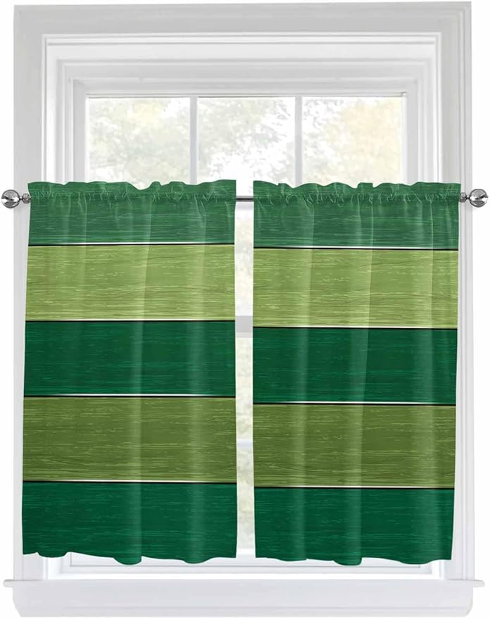 Farm Retro Green Wood Grain Window Valance Curtains, Rustic Wooden Plank Texture Light Filtering Kitchen Valance with 3-inch Rod Pocket for Living Room Bathroom Bedroom,2 Panel,52x45In