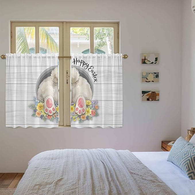 Easter Bunny Kitchen Tier Curtains 45 Inch Long 2 Panel Set,Rod Pocket Short Window Treatment,3D Optical Illusion Farmhouse Flower Wood Grain Light Filtering Curtains & Drapes 27.5"W x 45"L