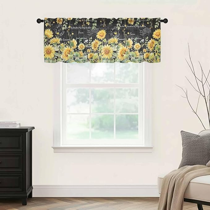 Summer Floral Sheer Valance Curtains, Watercolor Sunflower Eucalyptus Leaves Letter Print Light Filtering Kitchen Valances Rod Pocket Voile Curtain Treatment for Bedroom/Living Room/Basement 54Wx18L