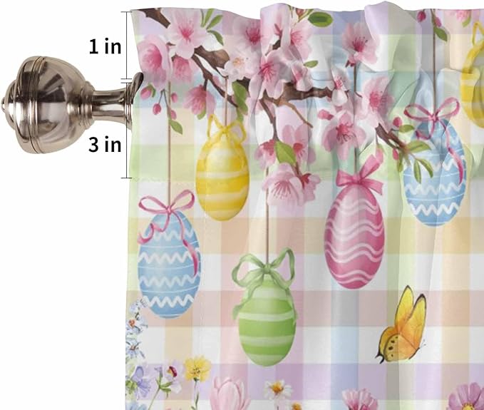 Happy Easter Half Window Curtains 24 Inches Long, Spring Bunny Colorful Eggs Flower Plaid Window Treatment Curtain Drapes, Short Curtains Tiers for Kitchen Over Sink, 27.5"x24", 2 Panels
