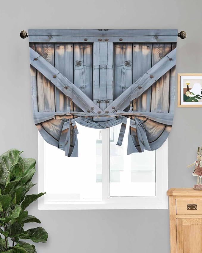 Tie Up Curtains for Windows, Farmhouse Wood Grain Adjustable Balloon Nature Linen Textured Kitchen Curtain, Vintage Country Barn Gate Textured Blackout Curtains for Living Room, 46 x 63 Inches