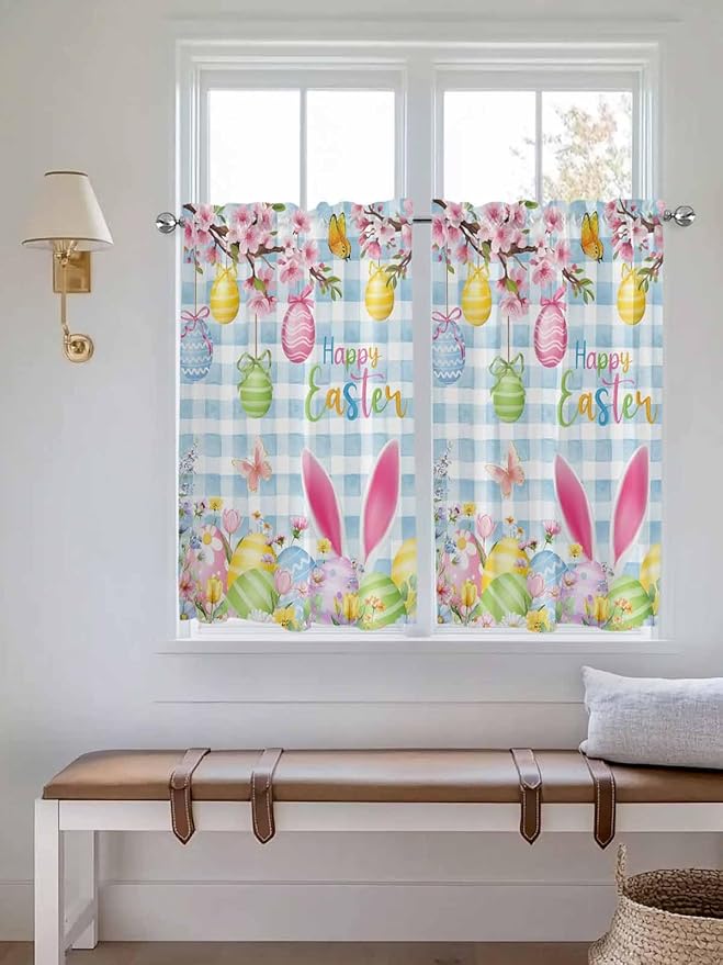 Happy Easter Kitchen Curtains 54 Inches length, Spring Watercolor Bunny Eggs Flower Blue Plaid Window Treatment Curtain Drapes, Thermal Insulated Drapes for Basement Hotel RV, 42"x54", 2 Panels