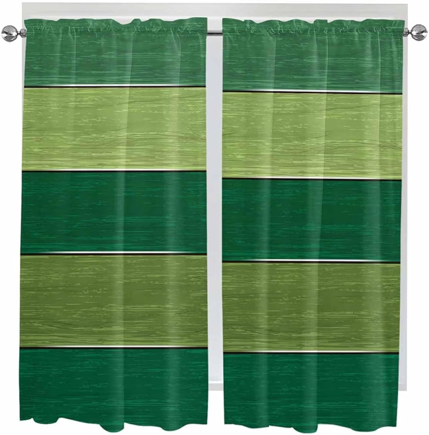Farm Retro Green Wood Grain Window Valance Curtains, Rustic Wooden Plank Texture Light Filtering Kitchen Valance with 3-inch Rod Pocket for Living Room Bathroom Bedroom,2 Panel,52x72In