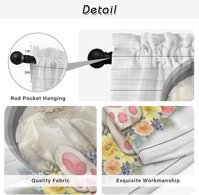 Easter Bunny Kitchen Tier Curtains 45 Inch Long 2 Panel Set,Rod Pocket Short Window Treatment,3D Optical Illusion Farmhouse Flower Wood Grain Light Filtering Curtains & Drapes 27.5"W x 45"L