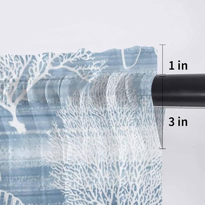 Haze Blue Retro Summer Sheer Valance Curtains, Sea Turtle Starfish Coral Ocean Light Filtering Kitchen Valances Rod Pocket Voile Curtain Window Treatment for Bedroom/Living Room/Basement 42Wx18L