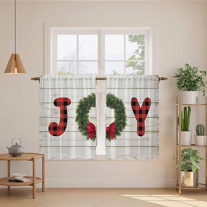 Christmas Wreaths Kitchen Curtains 54 Inch Long 2 Panel Set,Rod Pocket Window Curtains Panels,Winter Bow Plaid Farmhouse Wooden Grain Light Filtering Privacy Draperies for Bedroom Laundry 42"W x 54"L