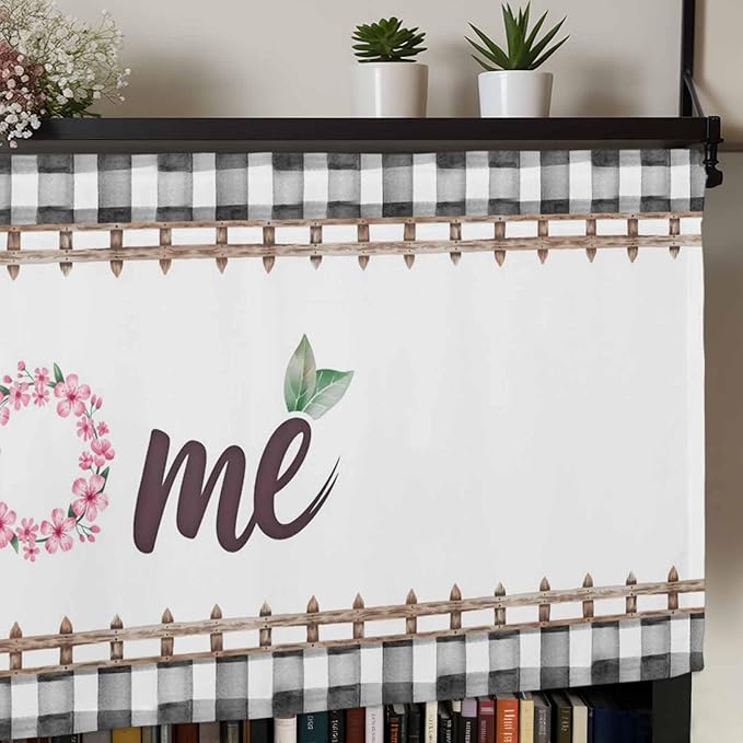 Spring Flowers Curtain Valances for Windows, Kitchen Valance Window Treatment, Watercolor Floral Leaf Black Plaid Light Filtering Block Curtains for Bathroom/Bedroom/Living Room 54'' x 18''