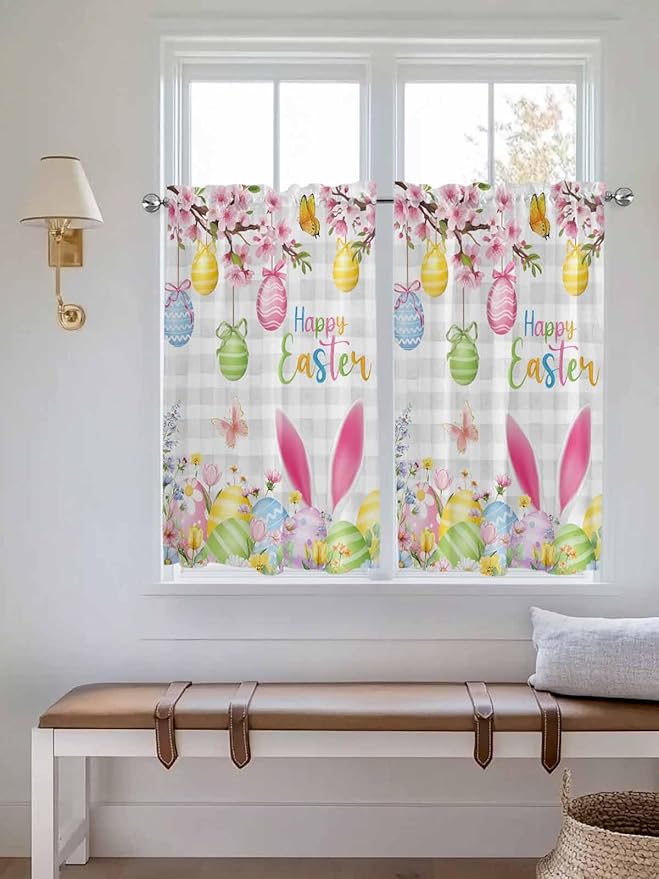 Happy Easter Kitchen Curtains 45 Inches length, Spring Watercolor Bunny Eggs Flower Grey Plaid Window Treatment Curtain Drapes, Lightweight Window Panels for Living Room Bedroom, 52"x45", 2 Panels