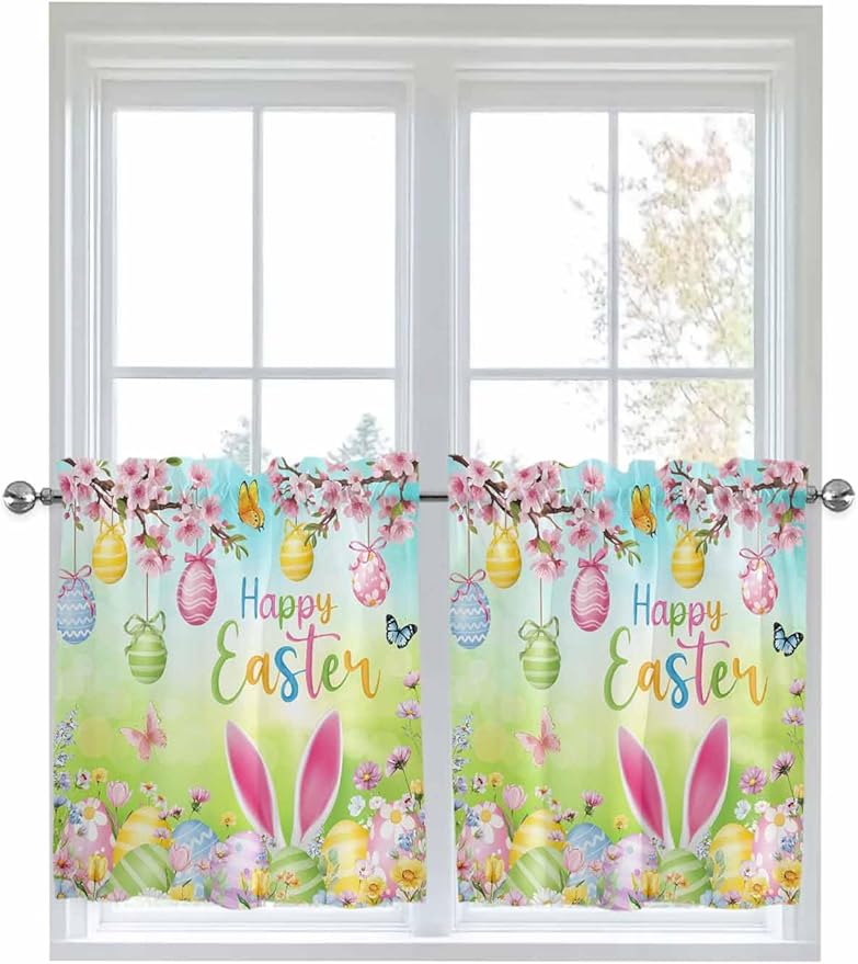 Easter Half Window Curtains 24 Inches Long, Spring Bunny Colorful Rabbit Eggs Butterfly Blue Green Window Treatment Curtain Drapes, Short Curtains Tiers for Kitchen Over Sink, 27.5"x24", 2 Panels