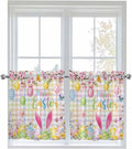 Happy Easter Half Window Curtains 24 Inches Long, Spring Bunny Colorful Eggs Flower Plaid Window Treatment Curtain Drapes, Short Curtains Tiers for Kitchen Over Sink, 27.5"x24", 2 Panels