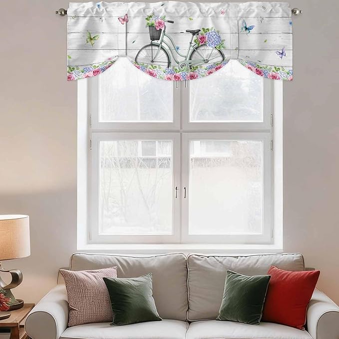 Spring Tie Up Valance Curtains for Windows, Kitchen Curtains Window Shades, Bicycles Botanical Rose Leaves Butterfly Wood Grain Light Filtering Roman Curtain Valances for Bedroom/Bathroom/Cafe 42"x12"