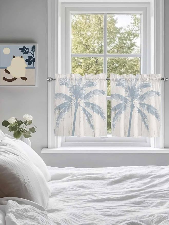 Summer Coconut Tree on Vintage Wood Grain Window Valance Curtains, Seaside Plants Light Filtering Kitchen Valance with 3-inch Rod Pocket for Living Room Bathroom Bedroom,2 Panel,27.5x24In