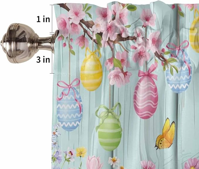 Happy Easter Kitchen Curtains 45 Inches length, Spring Bunny Eggs Flower Teal Wood Grain Window Treatment Curtain Drapes, Lightweight Window Panels for Living Room Bedroom, 52"x45", 2 Panels
