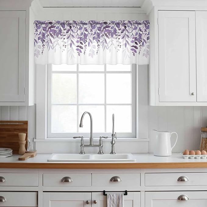 Eucalyptus Leaves Sheer Valance Curtains, Purple Leaves Idyllic Winds Farmhouses Light Filtering Kitchen Valances Rod Pocket Voile Curtain Window Treatment for Bedroom/Living Room/Basement 42Wx12L