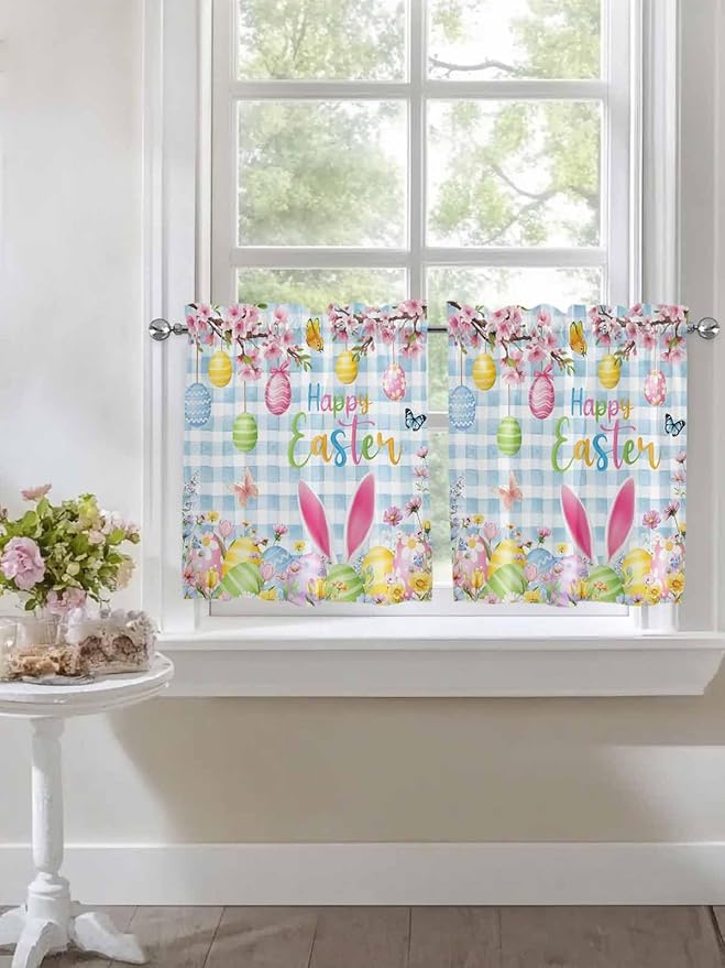 Happy Easter Half Window Curtains 24 Inches Long, Spring Watercolor Bunny Eggs Flower Blue Plaid Window Treatment Curtain Drapes, Short Curtains Tiers for Kitchen Over Sink, 27.5"x24", 2 Panels
