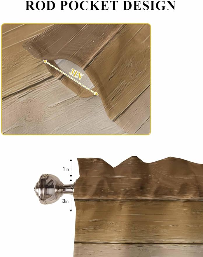 Vintage Brown Gradient Wood Grain Window Valance Curtains, Farmhouse Wood Barn Light Filtering Kitchen Valance with 3-inch Rod Pocket for Living Room Bathroom Bedroom,2 Panel,27.5x36In