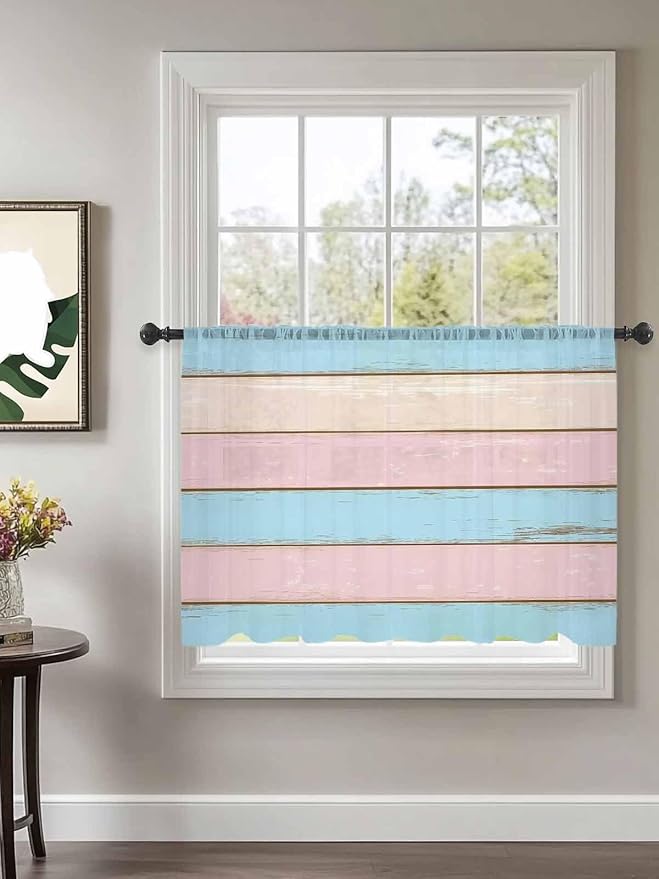 Sheer Curtains 45 Inch Length, Pink Blue Wood Grain Semi Sheer Curtains Light Filtering Window Treatment, Farmhouse Country Shabby Striped Privacy Voile Drapes for Living Room Bedroom 52x45 Inch