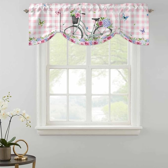 Spring Tie Up Valance Curtains for Windows, Kitchen Curtains Window Shades, Bicycles Leaves Butterfly Flowers Pink Buffalo Plaid Light Filtering Curtain Valances for Bedroom/Bathroom/Cafe 42"x18"