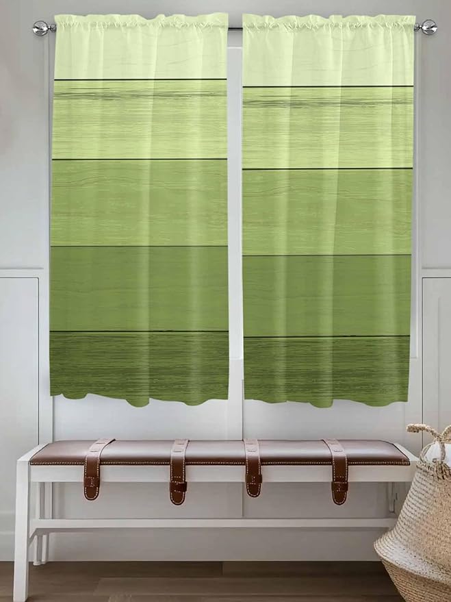 Gradient Green Wooden Board Window Valance Curtains, Retro Country Wood Grain Light Filtering Kitchen Valance with 3-inch Rod Pocket for Living Room Bathroom Bedroom,2 Panel,52x72In