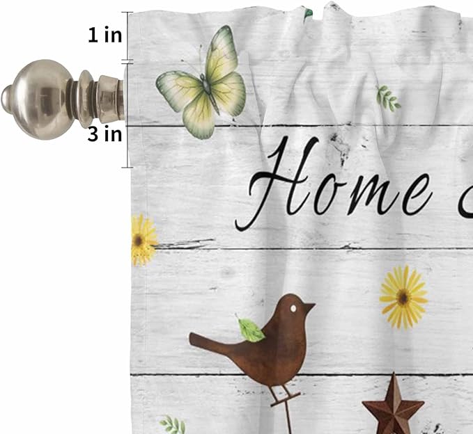 Kitchen Curtains Tiers and Valance Set of 3, Sunflowers Dog Light Filtering Window Curtain Set, Spring Watercolor Floral Stars Wood Grain Rod Pocket Curtain Drapes for Living Room, 24 Inches Tiers