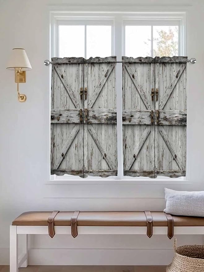 Vintage Gate Kitchen Curtains 45 Inches length, Farmhouse Wooden Grain Shabby Chic Door Window Treatment Curtain Drapes, Lightweight Window Panels for Living Room Bedroom, 52"x45", 2 Panels