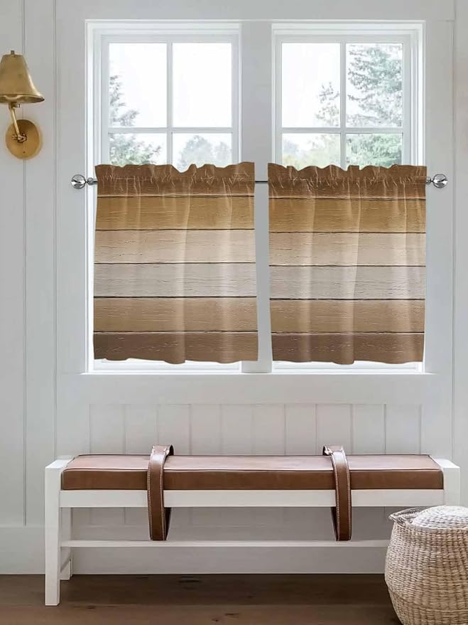 Vintage Brown Gradient Wood Grain Window Valance Curtains, Farmhouse Wood Barn Light Filtering Kitchen Valance with 3-inch Rod Pocket for Living Room Bathroom Bedroom,2 Panel,27.5x36In