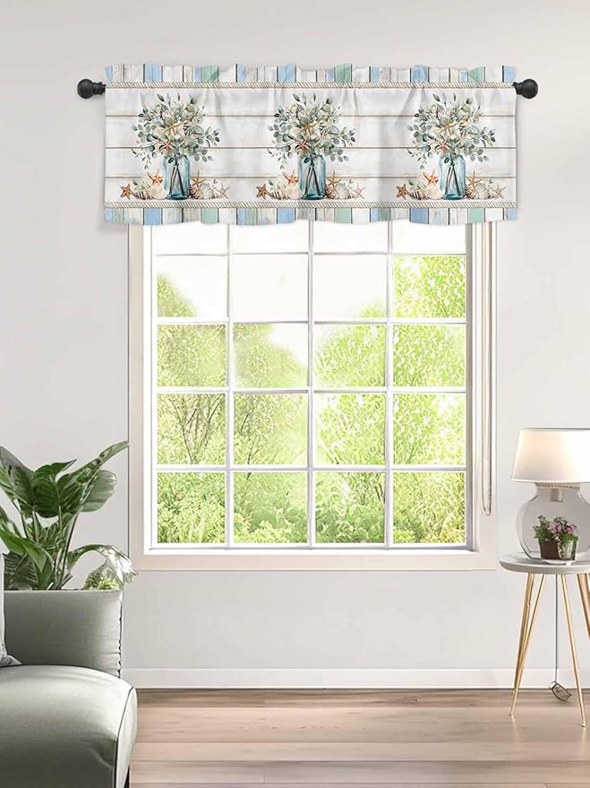 Kitchen Valances for Window, Ocean Starfish Conch Shell Eucalyptus Light Filtering Rod Pocket Valance Curtain, Colorful Wood Grain Short Curtains Window Topper for Bedroom Living Room 42x12in