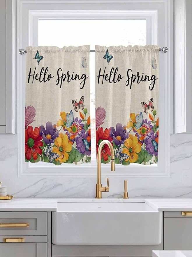 Spring Flowers Tier Curtains 45 Inches Long, Farmhouse Vintage Country Colorful Floral Window Treatment Curtain Drapes, Small Curtain Drapes for Bathroom Laundry Room, 27.5"x45", 2 Panels