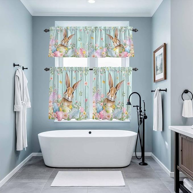 Kitchen Curtains Tiers and Valance Set of 3, Easter Light Filtering Window Curtain Set, Spring Rabbit Eggs Flowers Leaf Green Wooden Plank Rod Pocket Curtain Drapes for Living Room, 36 Inches Tiers