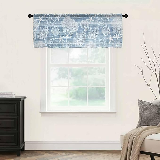 Haze Blue Retro Summer Sheer Valance Curtains, Sea Turtle Starfish Coral Ocean Light Filtering Kitchen Valances Rod Pocket Voile Curtain Window Treatment for Bedroom/Living Room/Basement 54Wx18L
