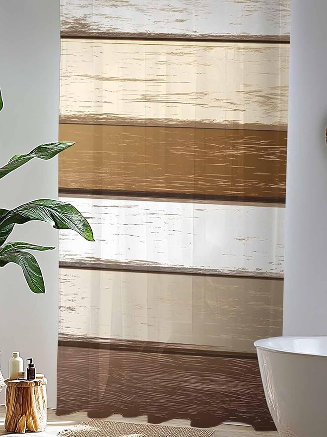 Sheer Curtains 108 Inches Long, Vintage Geometric Brown Semi Sheer Curtains Light Filtering Window Treatment, Farmhouse Country Chic Wood Grain Privacy Voile Drapes for Living Room Bedroom 52x108 Inch