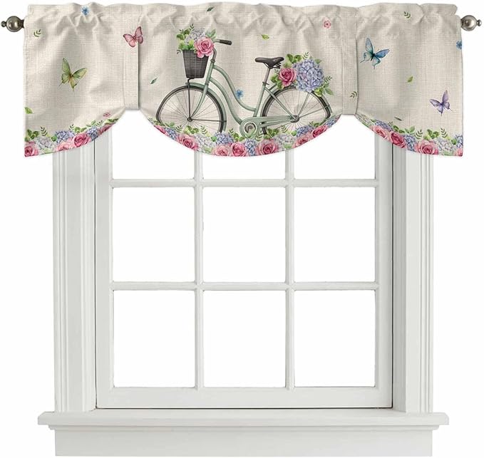Farmhouse Spring Tie Up Valance Curtains for Windows, Kitchen Curtains Window Shades, Retro Bicycles Flowers Vines Butterfly Light Filtering Roman Curtain Valances for Bedroom/Bathroom/Cafe 42"x12"