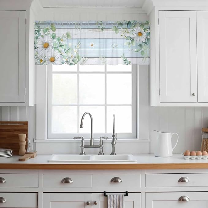 Daisy Eucalyptus Leaves Sheer Valance Curtains, Blue Wood Grain Spring Countryside Light Filtering Kitchen Valances Rod Pocket Voile Curtain Window Treatment for Bedroom/Living Room/Basement 42Wx12L