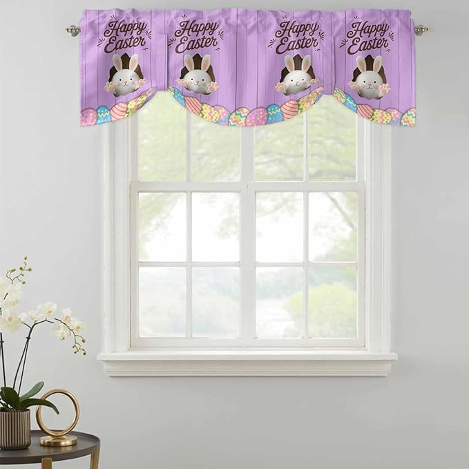 Purple Easter Tie Up Valance Curtains for Windows, Kitchen Curtains Window Shades, Spring Cartoon Bunny Colorful Eggs Wood Grain Light Filtering Curtain Valances for Bedroom/Bathroom/Cafe 60"x18"