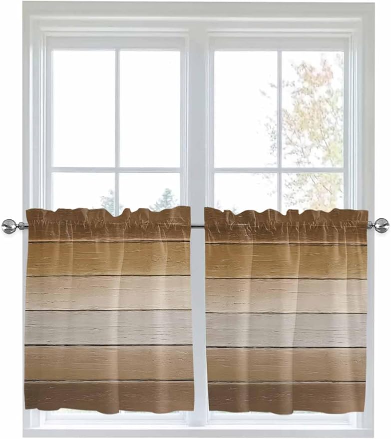 Vintage Brown Gradient Wood Grain Window Valance Curtains, Farmhouse Wood Barn Light Filtering Kitchen Valance with 3-inch Rod Pocket for Living Room Bathroom Bedroom,2 Panel,27.5x24In