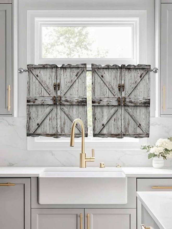 Vintage Gate Half Window Curtains 24 Inches Long, Farmhouse Wooden Grain Shabby Chic Door Window Treatment Curtain Drapes, Short Curtains Tiers for Kitchen Over Sink, 27.5"x24", 2 Panels