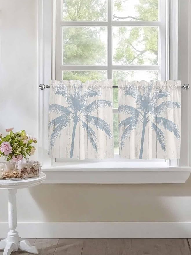 Summer Coconut Tree on Vintage Wood Grain Window Valance Curtains, Seaside Plants Light Filtering Kitchen Valance with 3-inch Rod Pocket for Living Room Bathroom Bedroom,2 Panel,27.5x24In