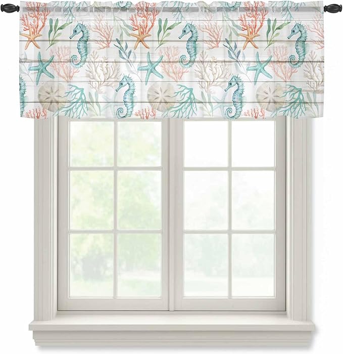 Teal Seahorse Starfish Sheer Valance Curtains, Summer Beach Coral Shell Board Light Filtering Kitchen Valances Rod Pocket Voile Curtain Window Treatment for Bedroom/Living Room/Basement 42Wx18L