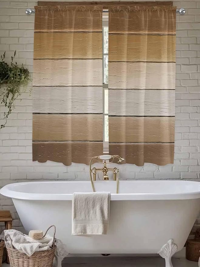 Vintage Brown Gradient Wood Grain Window Valance Curtains, Farmhouse Wood Barn Light Filtering Kitchen Valance with 3-inch Rod Pocket for Living Room Bathroom Bedroom,2 Panel,52x72In