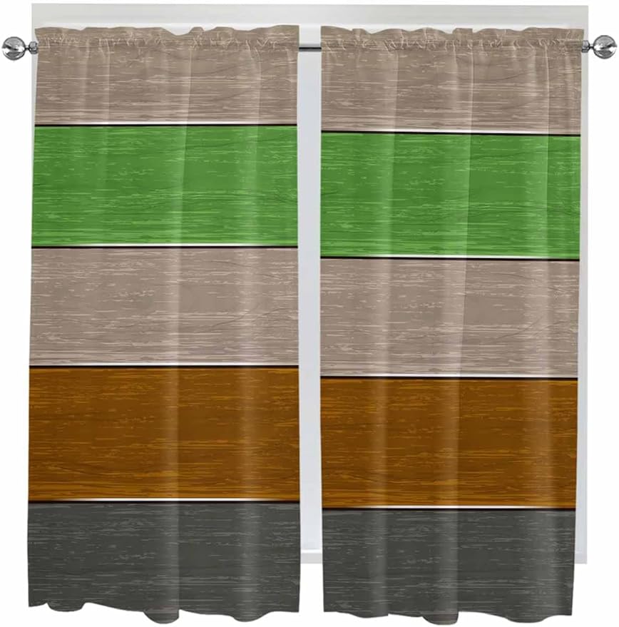 Farm Gray Green Brown Wood Grain Window Valance Curtains, Rustic Wooden Plank Light Filtering Kitchen Valance with 3-inch Rod Pocket for Living Room Bathroom Bedroom,2 Panel,42x63In