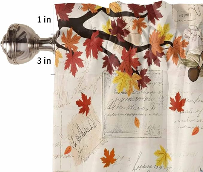 Fall Gnomes Kitchen Curtain Set, Thanksgiving Maple Leaf Rustic Pumpkin Window Valance and Tiers 24" Length, Light Filtering Short Curtains Valance for Cafe Bathroom Bedroom 54"x18"