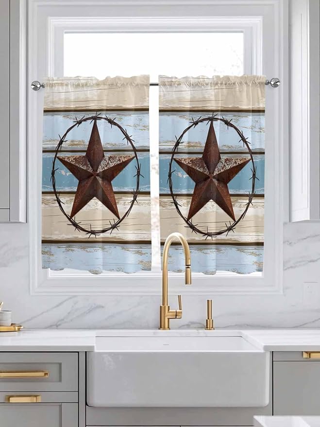 Vintage Western Star on Wood Grain Window Valance Curtains, Retro Wooden Texture Light Filtering Kitchen Valance with 3-inch Rod Pocket for Living Room Bathroom Bedroom,2 Panel,52x54In