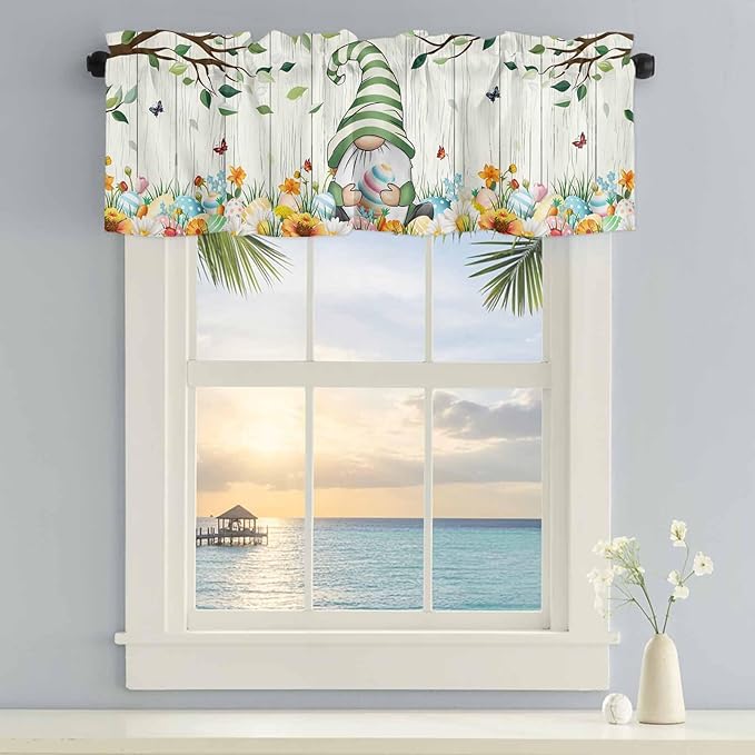 Easter Gnomes Curtain Valances for Windows, Kitchen Valance Window Treatment, Spring Watercolor Eggs Flower Wood Grain Light Filtering Block Curtains for Bathroom/Bedroom/Living Room 60'' x 18''