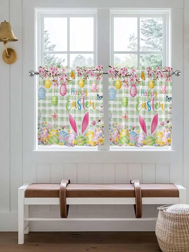 Happy Easter Half Window Curtains 24 Inches Long, Spring Bunny Eggs Flower Sage Green Plaid Window Treatment Curtain Drapes, Short Curtains Tiers for Kitchen Over Sink, 27.5"x24", 2 Panels