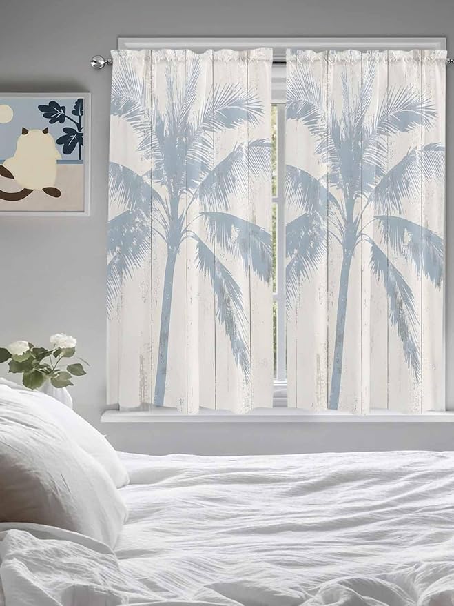 Summer Coconut Tree on Vintage Wood Grain Window Valance Curtains, Seaside Plants Light Filtering Kitchen Valance with 3-inch Rod Pocket for Living Room Bathroom Bedroom,2 Panel,52x72In