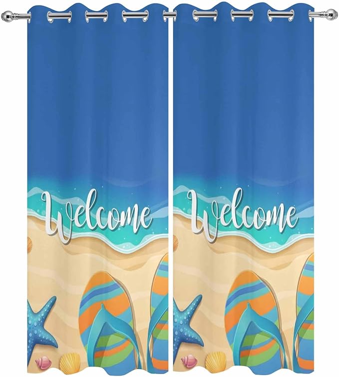 Summer Outdoor Curtains for Patio Beach Slippers Plumeria Waterproof Outside Curtains with Grommet Top Weatherproof Curtain for Cabana Pergola Gazebo, 2 Pack, 54" W x 95" L