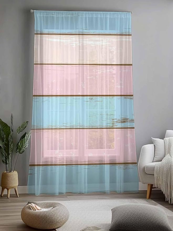 Sheer Curtains 84 Inches Long, Pink Blue Wood Grain Semi Sheer Curtains Light Filtering Window Treatment, Farmhouse Country Shabby Striped Privacy Voile Drapes for Living Room Bedroom 52x84 Inch