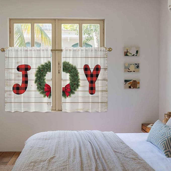 Christmas Wreaths Kitchen Curtains 45 Inch Long 2 Panel Set, Rod Pocket Window Treatment, Winter Bow Plaid Farmhouse Wooden Grain Light Filtering Panels Short Drapes for Bathroom Camper 42"W x 45"L