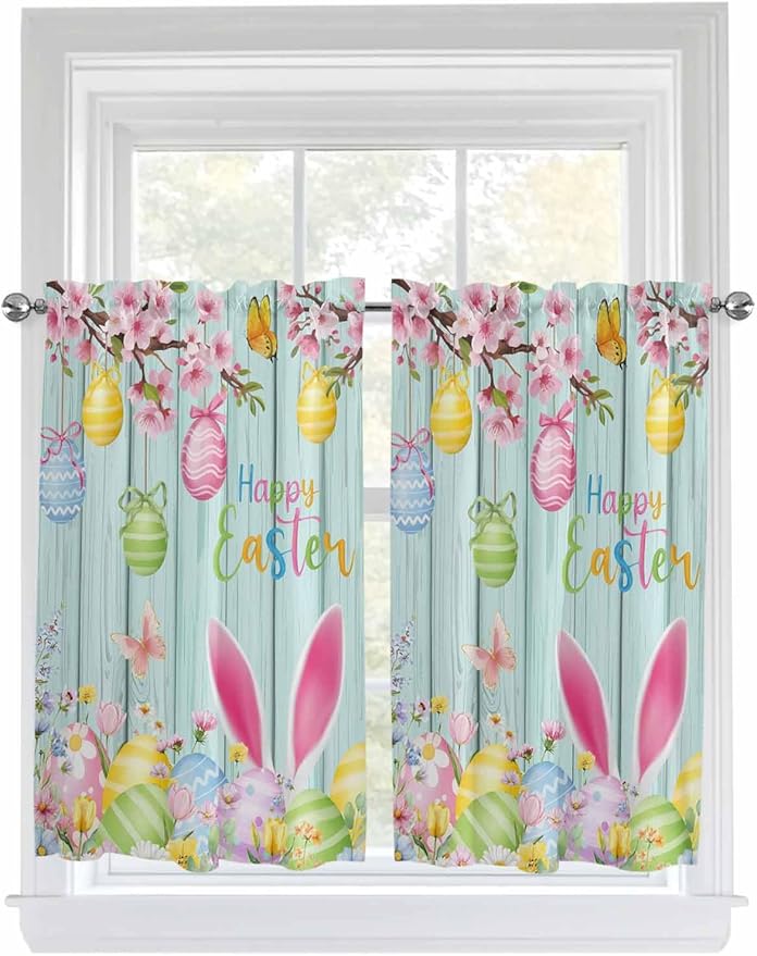 Happy Easter Kitchen Curtains 54 Inches Length, Spring Bunny Eggs Flower Teal Wood Grain Window Treatment Curtain Drapes, Thermal Insulated Drapes for Basement Hotel RV, 42"x54", 2 Panels